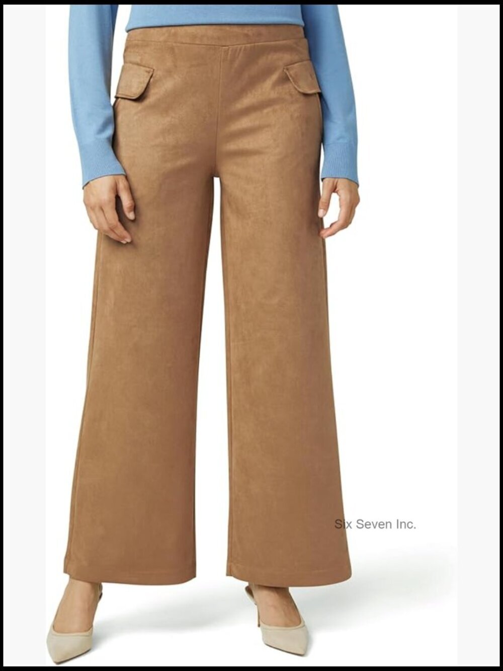 Faux Suede Wide Leg Pants with Pockets Elastic Waist
